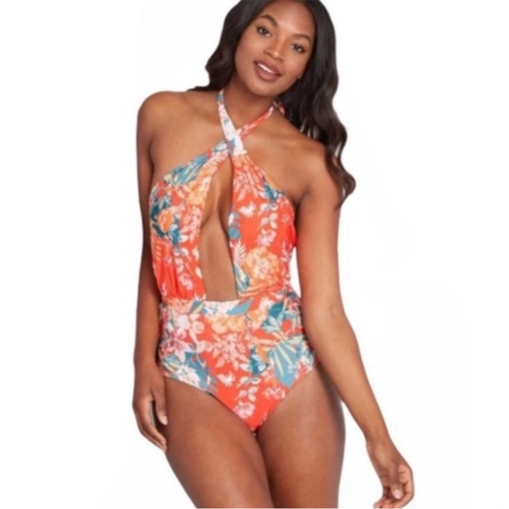 ModCloth The Bethany Coral Floral Print One Piece Swimsuit Large